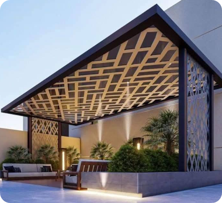 Wooden pergola with slatted roof design over outdoor seating area at dusk