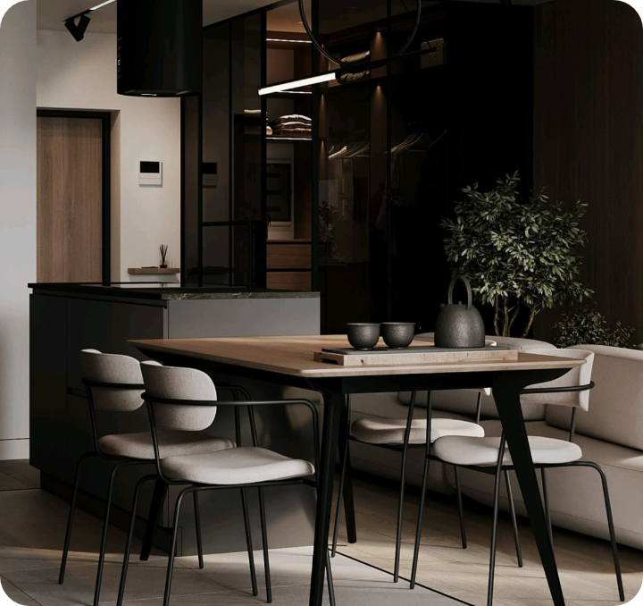 Dining area with wooden table, black chairs and pendant lighting in modern interior