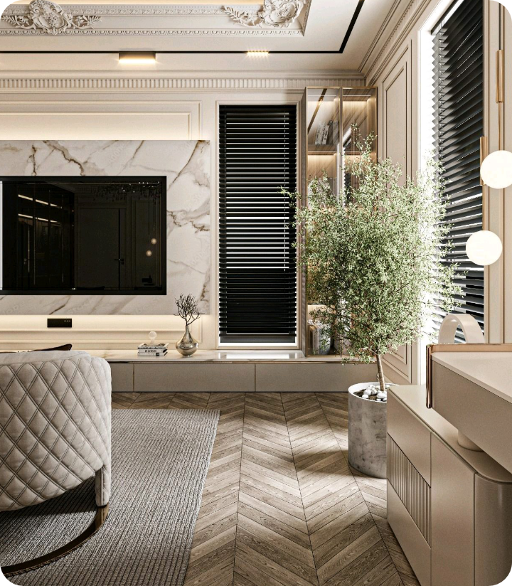 Living room with marble accent wall, built-in shelving and neutral upholstered seating