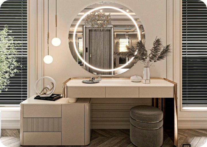 Bedroom vanity area with round mirror, minimalist dresser and warm lighting