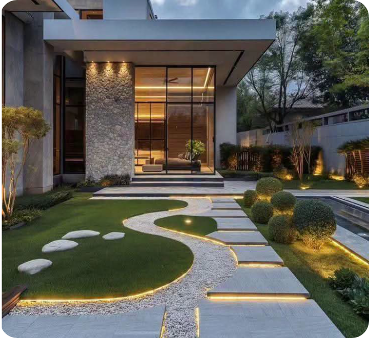 Villa exterior at dusk with illuminated landscaped garden path