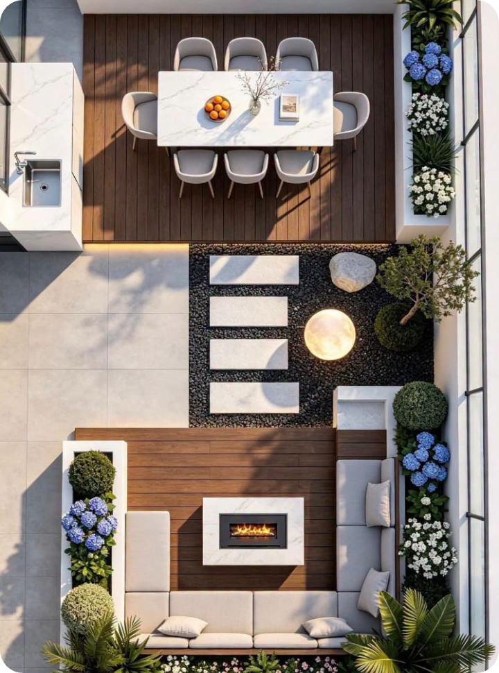 Landscape design with modern fixtures and neutral tones