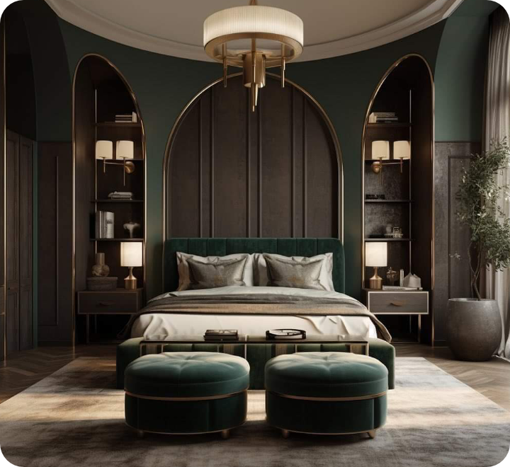 Luxury bedroom interior with dark green paneled walls and arched headboard nook