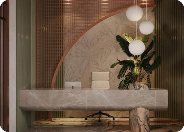 Modern living room with curved wall niche, sculptural lighting and neutral tones