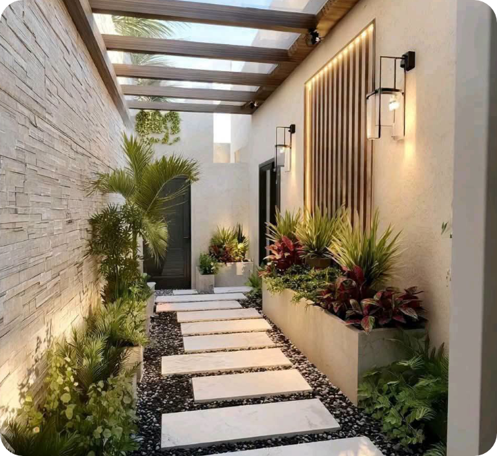 Top-down view of outdoor dining and lounge layout with greenery accents